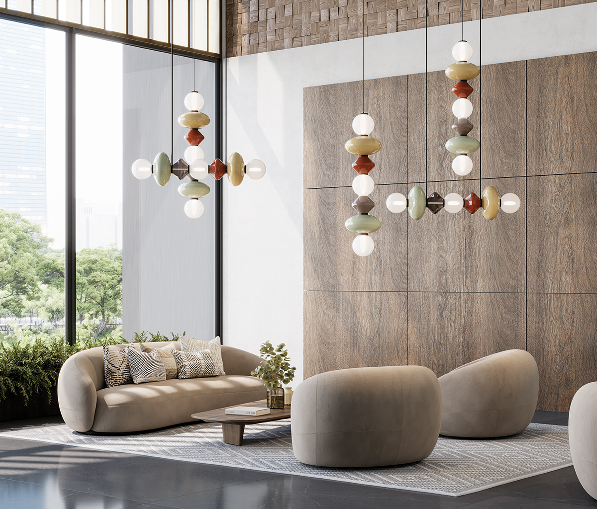 Suspension Mapi de chez Aromas installée dans un intérieur contemporain, lumière douce et design minimaliste.